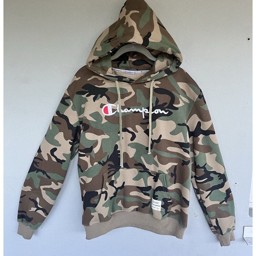 Champion Camo Hoodie M Green Woodland Spellout Script Logo  Streetwear Gorpcorp
